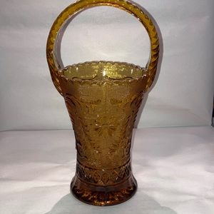 Vintage Tiara Indiana Glass Amber Sandwich Tall Handled Basket